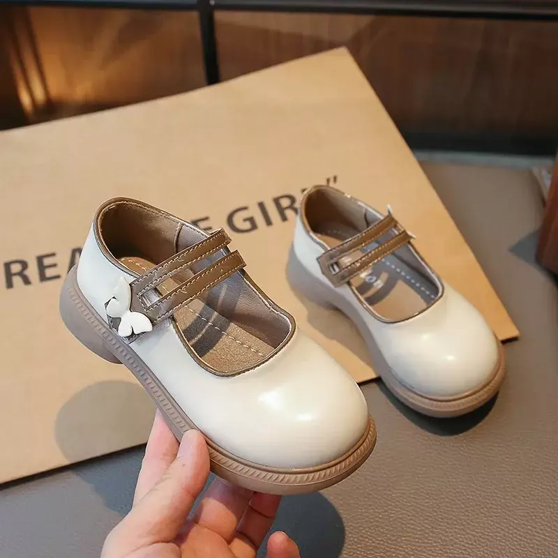 Dziewczęce buty wydajnościowe w stylu akademii 2024, wiosenne nowe dziecięce skórzane buty w jednolitym kolorze na ślub, elegancki temperament