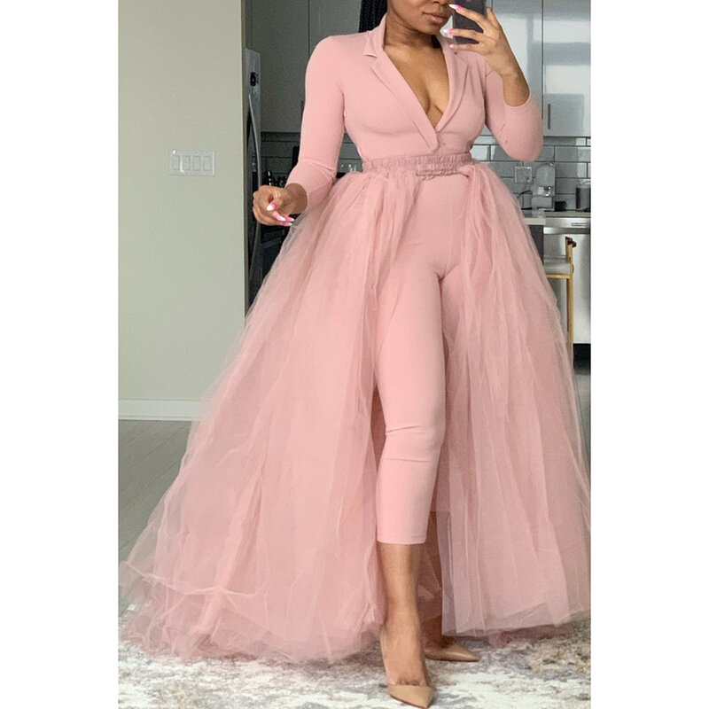 Plus Size Casual  V Neck Tulle Solid Long Sleeve Pants Jumpsuits