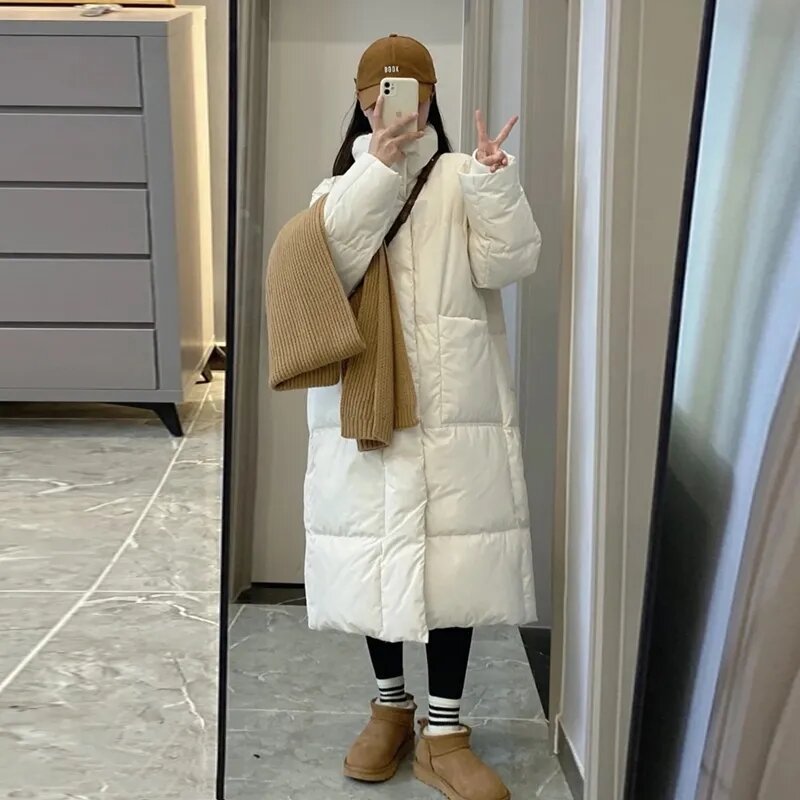 Jaqueta comprida de algodão acolchoada para mulheres, sobretudo solto, casaco Parker espesso, roupa de pão quente, moda feminina, coreano, inverno, novo, 2024