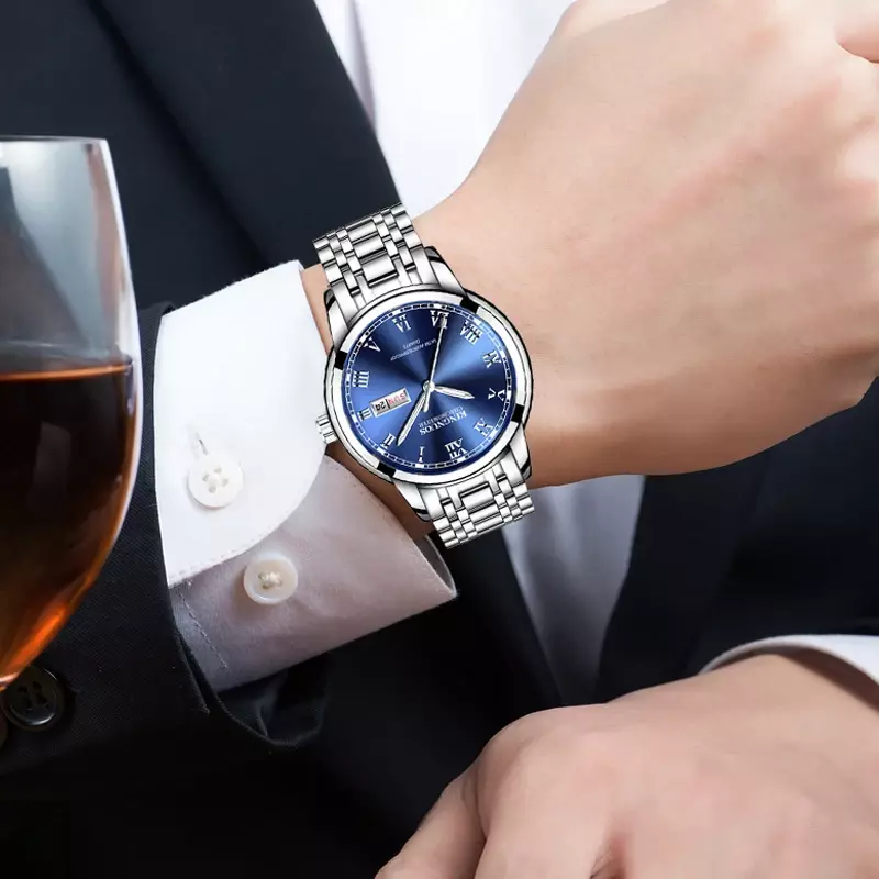 ดรอปชิปใหม่ Mens นาฬิกานาฬิกาส่องสว่างสแตนเลสทอง Quartz นาฬิกาผู้ชายวันที่ปฏิทินนาฬิกาข้อมือ XFCS