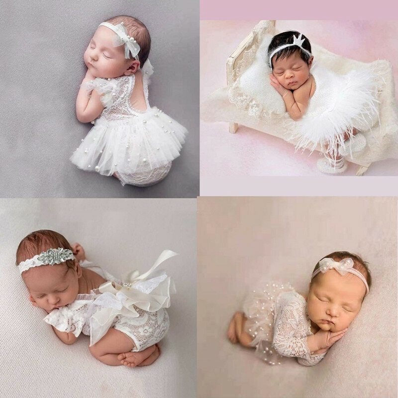 Robe de princesse en dentelle pour bébé fille de 0 à 1 mois, tenue avec des perles, accessoires de photographie pour nouveau-né, Costume pour séance Photo