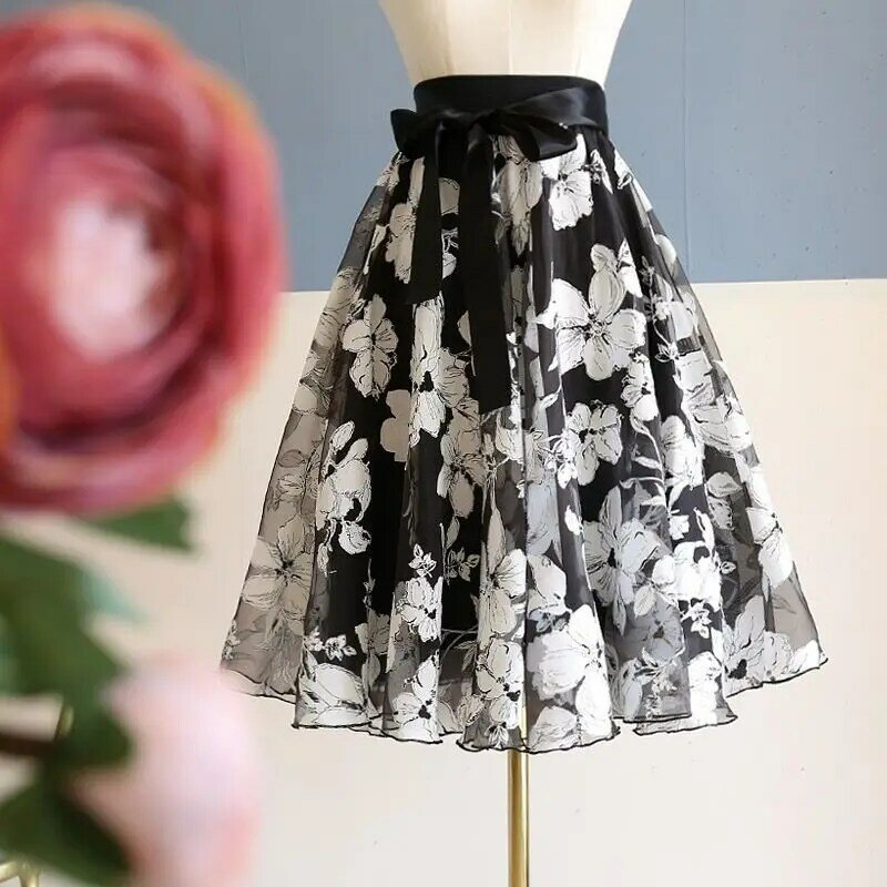 Woman Fashion Vintage High Waist Printing A-Line Skirt Female Clothing Summer Temperament Bow Mesh Length Pleated Skirts Q640