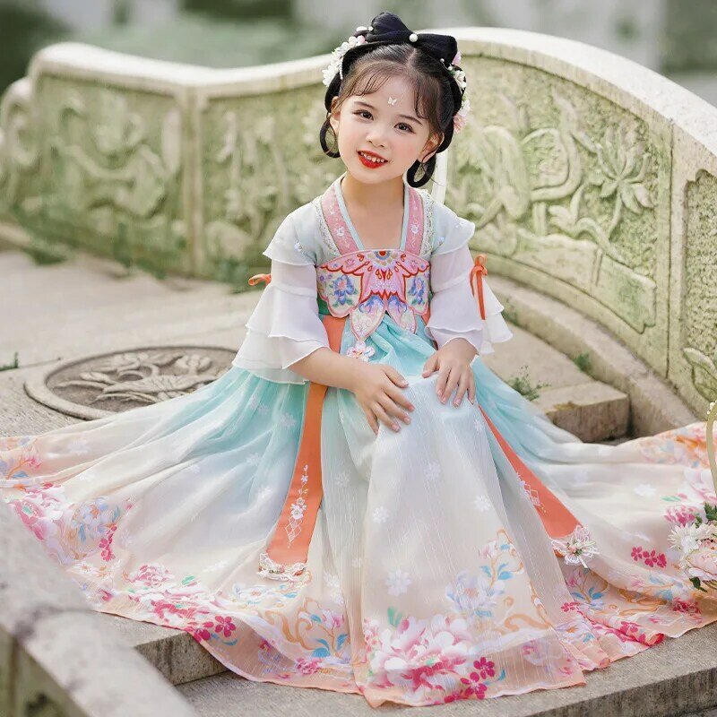 Kostum peri gadis tradisional Tiongkok, pakaian Tahun Baru untuk anak perempuan, gaun Hanfu, Cosplay fotografi Tang gaya Tiongkok