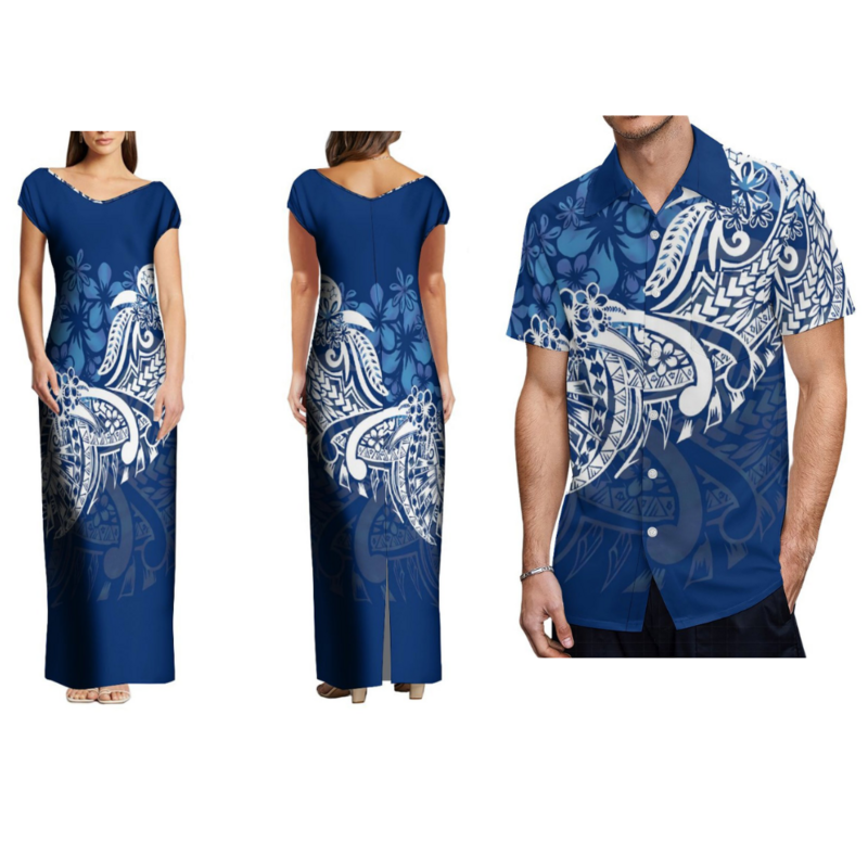 사모아 피지 섬 커플 옷, 꽃 프린트 맞춤형 폴리네시안 원피스, 우아한 스플릿 원피스, 여름 원피스