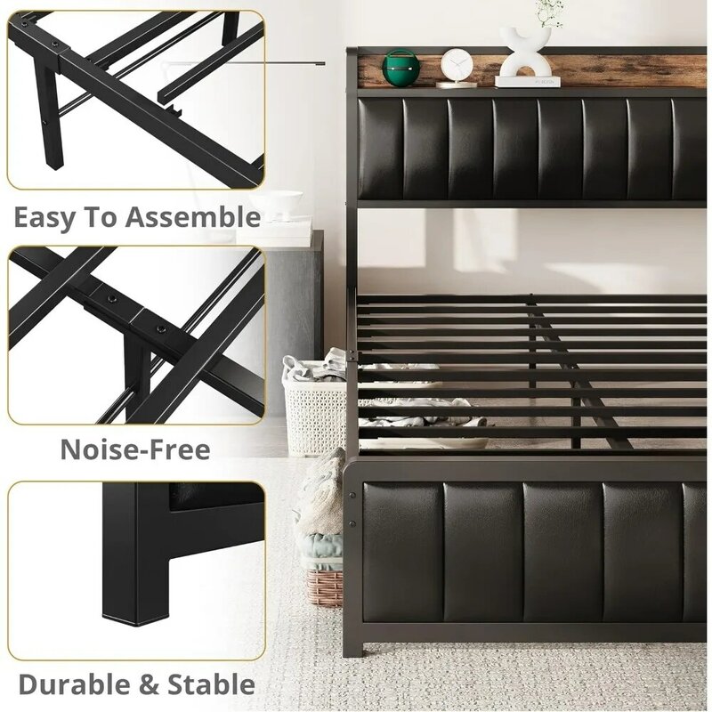 King Bed Frame with Storage Headboard&Footboard,Upholstered Platform Bed with USB Ports&Outlets,Strong Steel Slats Support