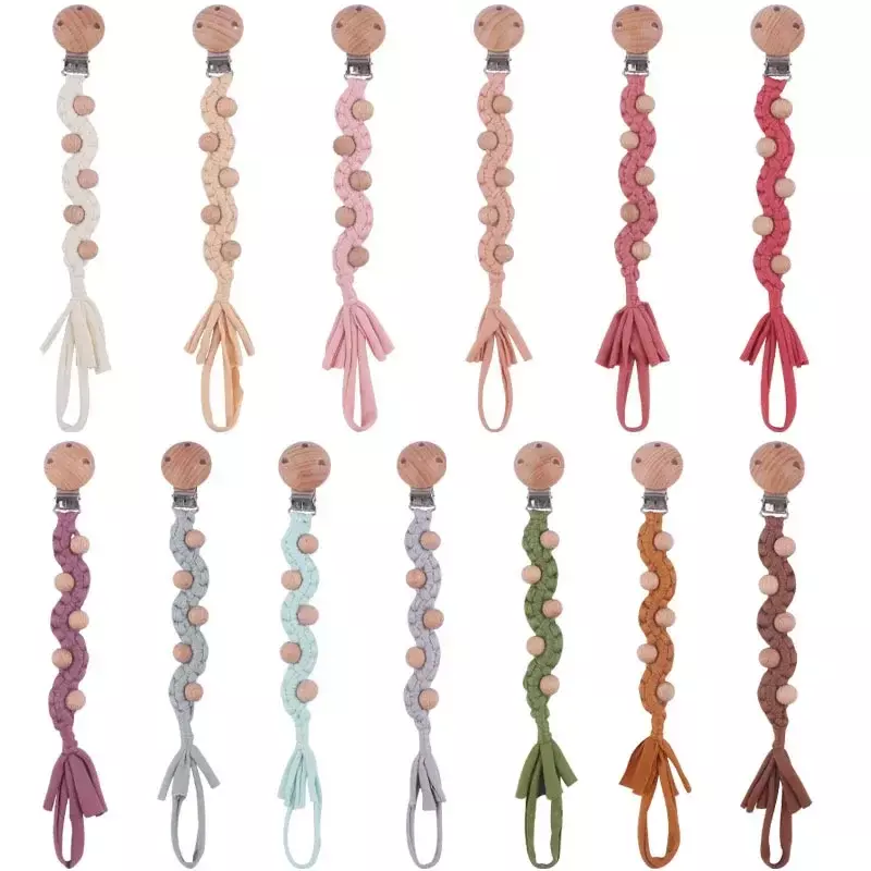 Baby Wood Bead Anti-drop Chain Pacifier Clips Hand Braided Cotton Cloth Infant Nipple Appease Soother Chain Clips Dummy Holder