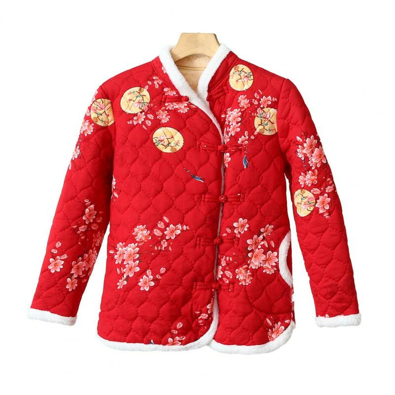 Damska bawełniana kurtka jesienno-zimowa z kwiatowym nadrukiem gruby ciepły polar podszewka pluszowa dekolt w szpic kieszeń na guzik pikowany płaszcz