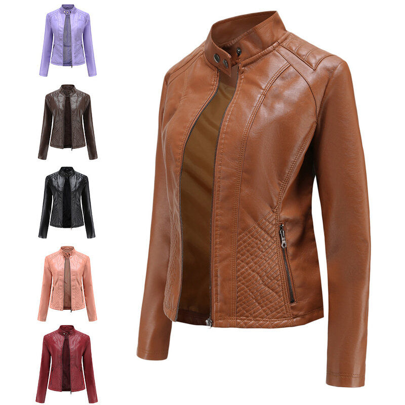 2024Autumn and winter new leisure leather clothes women's simple trend thin coat Long Sleeve Motorcycle Jacket Women's wear