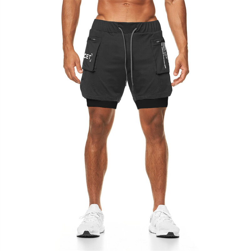 Calções masculinos de plataforma dupla, roupas esportivas 2 em 1, bottoms de praia, ginástica, treino, jogging, calças curtas, verão, 2022
