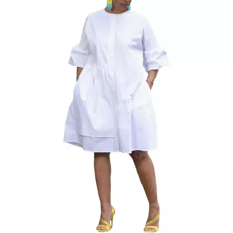 Dashiki 아프리카 반팔 폴리에스터 O-넥 단색 미디 원피스 드레스, 섹시한 아프리카 의류, 여성 S-3XL, 여름