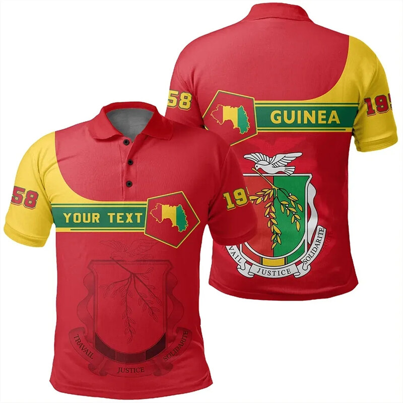 3D impresso camisas polo para homens, África Guiné Mapa Bandeira, Emblema Nacional, Manga Curta, Brasão Patriótico, Camisola Tops