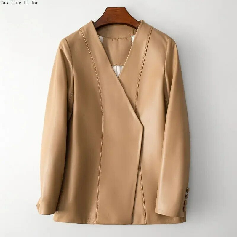女性のミドル丈のカジュアルジャケット,ファッショナブルな本革のコート,新しい,h34,2023