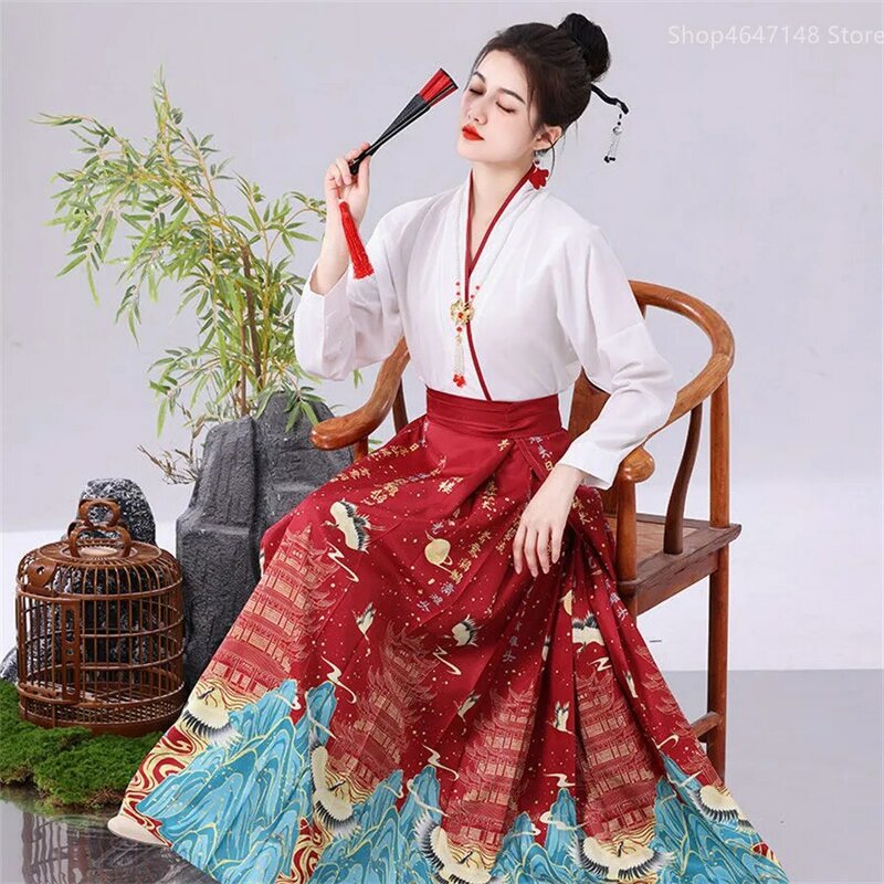 Традиционная китайская юбка Hanfu с изображением лошади, жилет mamianqun с вышивкой, топ, юбка с изображением лошади, комплект из двух предметов
