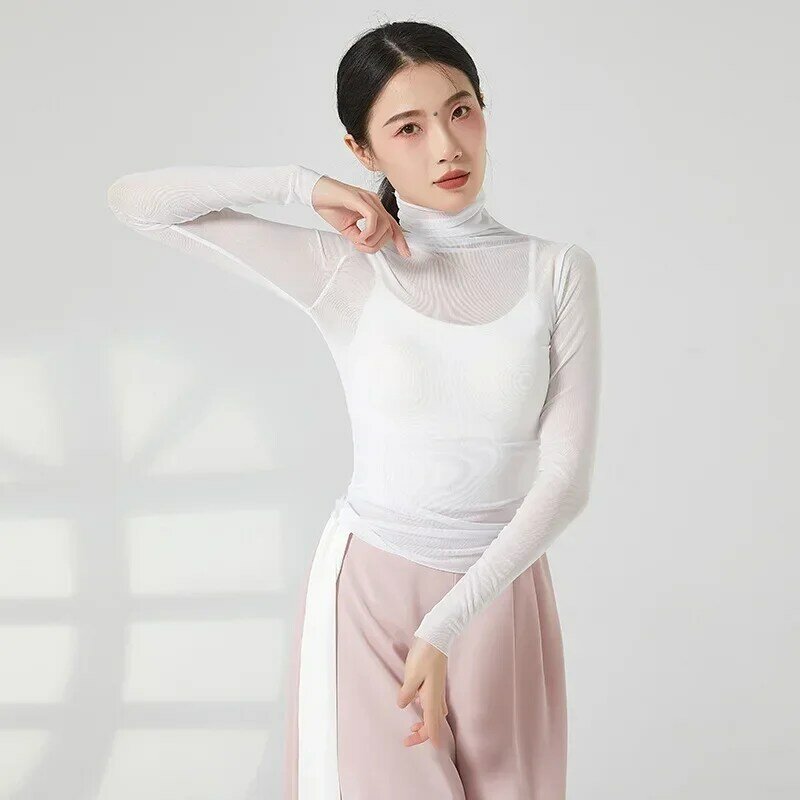 Volwassen Sexy Slim Fit Semi Transparant Buikdans Foldover Coltrui T Shirt Lange Mouw Top Kostuum Voor Vrouwen Dansende Kleding
