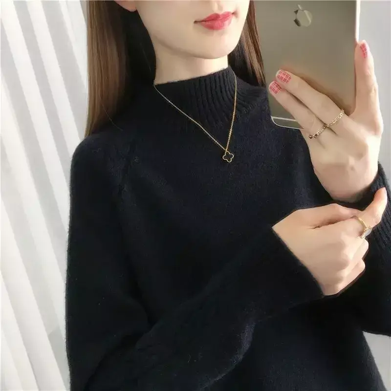 Female Half High Collar Solid Color Simplicity Sweaters Autumn Winter Women's Clothing Loose Korean Long Sleeve Knitted Tops