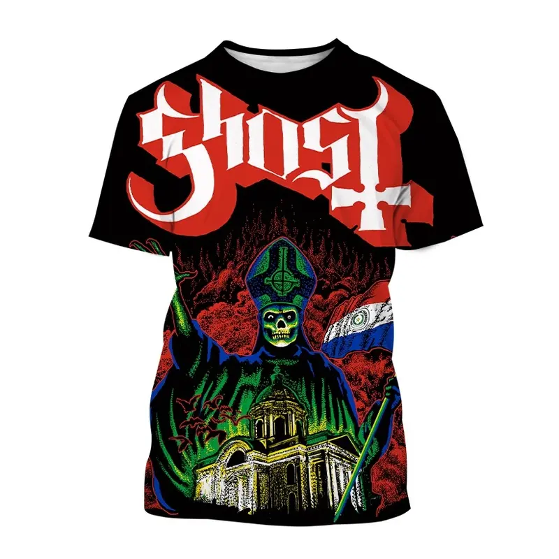 T-shirt de terror de banda fantasma masculina, impressa em 3D, diversão, hip-hop, personalidade, rua, folgada, gola O, blusa de manga curta, moda verão, plus size