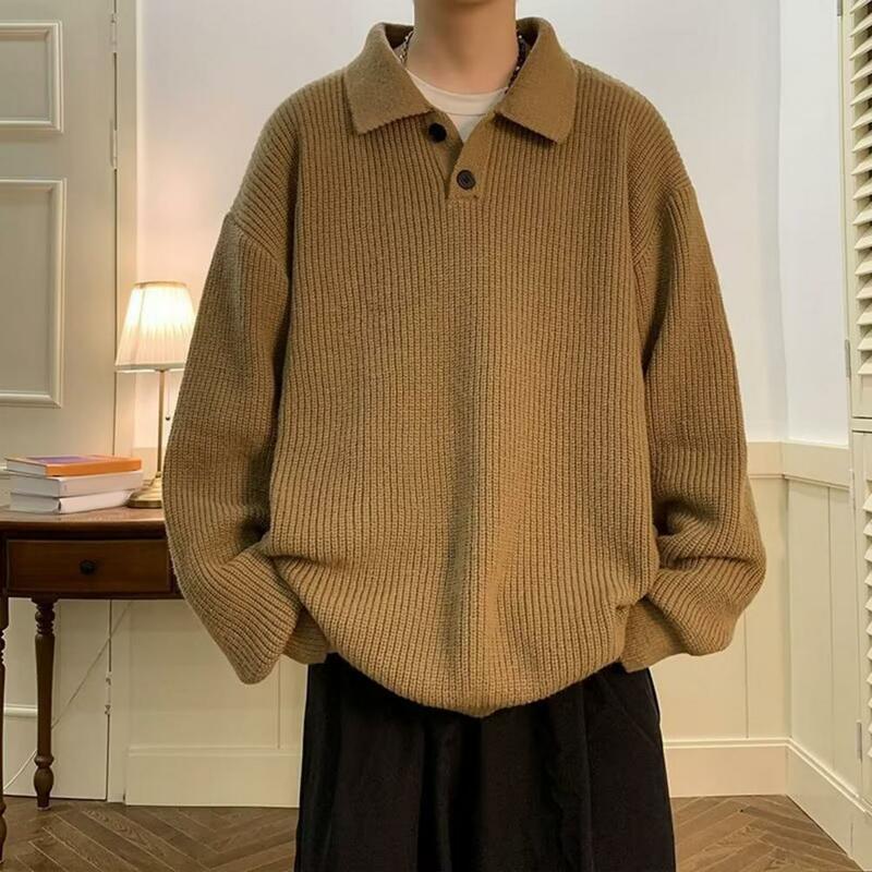 Camisola solta masculina com botões de lapela, malhas de manga comprida, monocromática, malha quente, tempo frio, outono, inverno