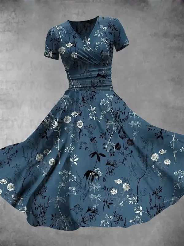 Женское платье-макси с цветочным принтом, V-образным вырезом