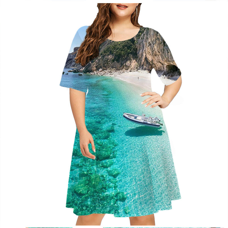 Frauen natürliche Landschaft Strand Stil Sommerkleider für neue Mode Kurzarm plus Größe lockeres Kleid lässig Party Mini kleid