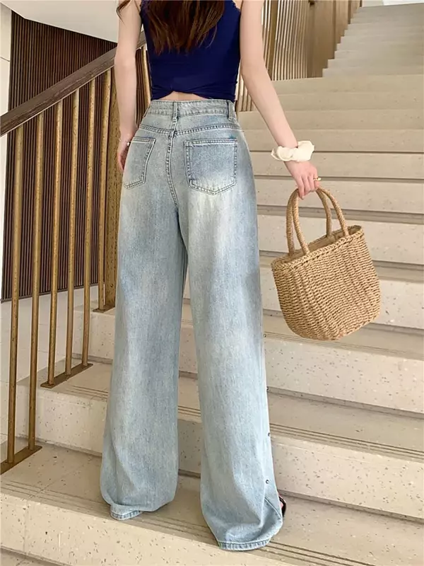 Women's Blue Diamonds Jeans Baggy Harajuku Aesthetic Denim Trousers Y2k Loose Wide Jean Pants Vintage 2000s Trashy Clothes 2024