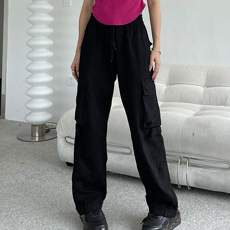 Gidyq-Calças femininas de bolso grande, streetwear coreano, reto, perna larga, retro, hip hop, calças femininas soltas, senhoras, novo, Y2K