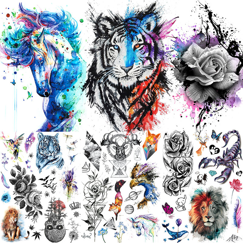 Pegatinas de tatuaje temporales de unicornio azul para hombres y mujeres, tatuaje de transferencia de agua con Flash falso, piernas y brazos, arte bdol, acuarela, ALZ-128