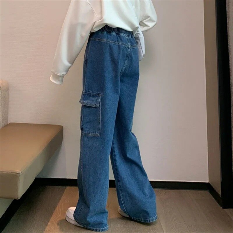 Celana Denim wanita, celana jins kaki lebar pinggang tinggi kasual kargo Vaqueros Korea Streetwear lurus wanita celana panjang longgar ukuran besar