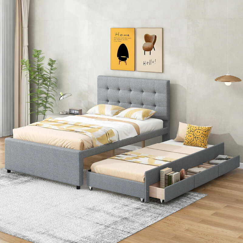 Pełny wymiar łóżko z pełnymi bokami tapicerowane z wysuwanym podwójnym wysuwanym i 3 szufladami, szare