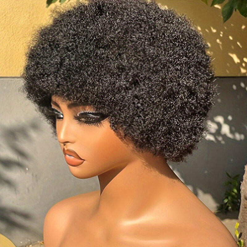 Peluca Afro rizada corta para mujer, cabello humano brasileño, Color negro, marrón, rojo, a máquina