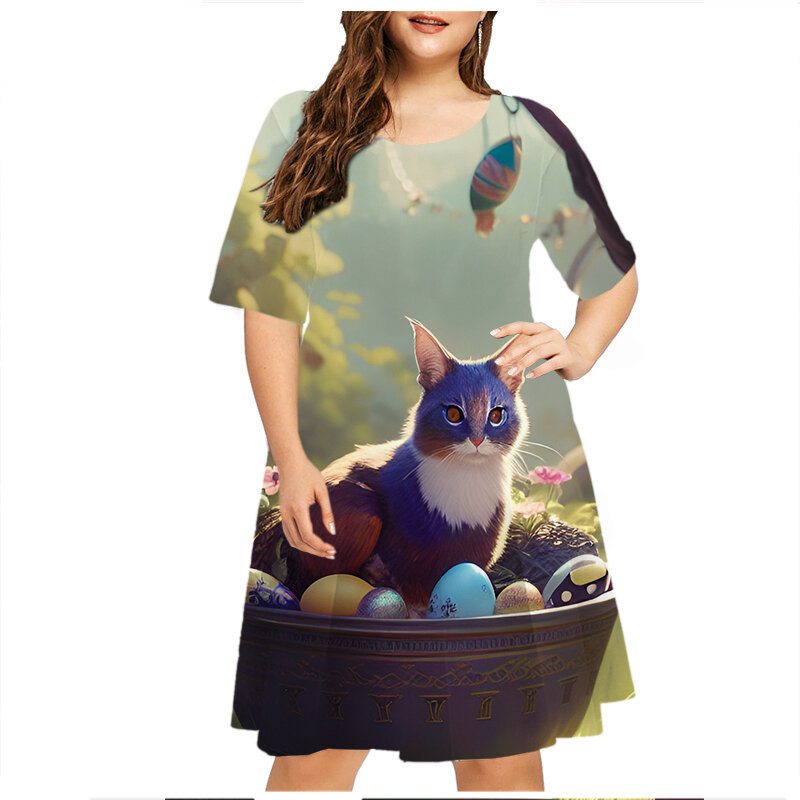 Robe trapèze à manches courtes pour femmes, robe de chat mignonne, robe de rue décontractée, robe à imprimé floral Chimbike, grande taille, élégante, douce, drôle, été