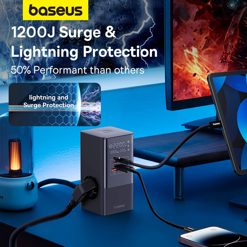 Baseus – barre d'alimentation numérique 7 en 1, chargeur rapide 35W, Station de charge 4000W, puissance nominale, affichage numérique, pour iPhone 15 14 Pro Max