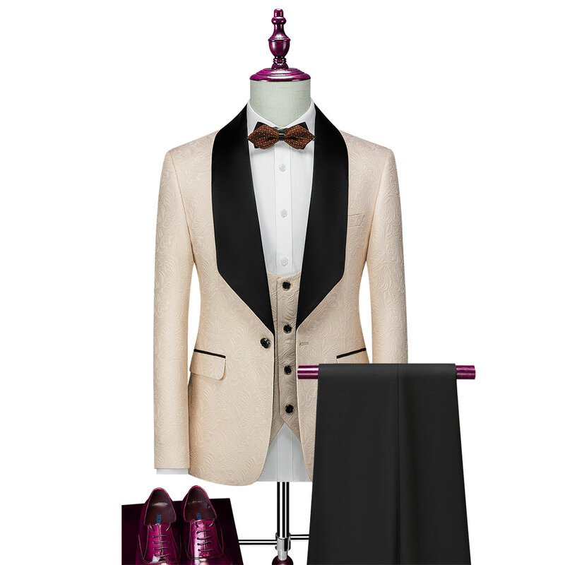 Белые Свадебные смокинги Добби, коричневая одежда для жениха, мужские костюмы, облегающий пиджак с заостренным лацканом для выпускного вечера, блейзер для шафера, куртка, жилет, брюки