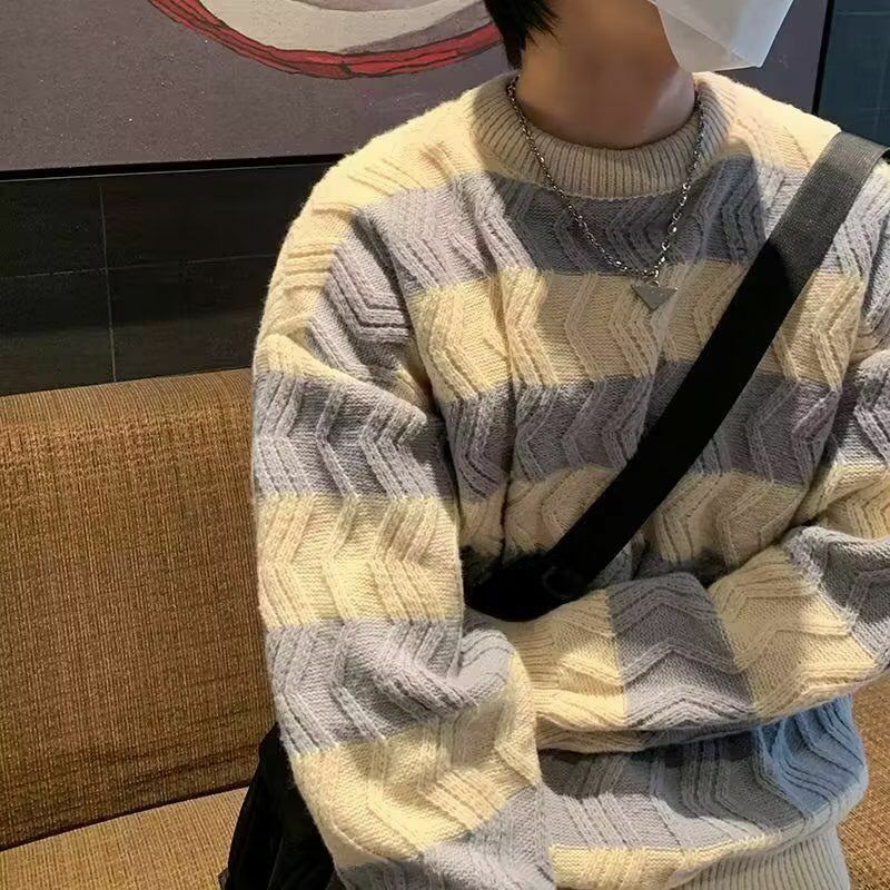 Maglione coreano da uomo a righe allentato girocollo maglione spesso autunno e inverno casual stile pigro maglione caldo esterno usura alla moda