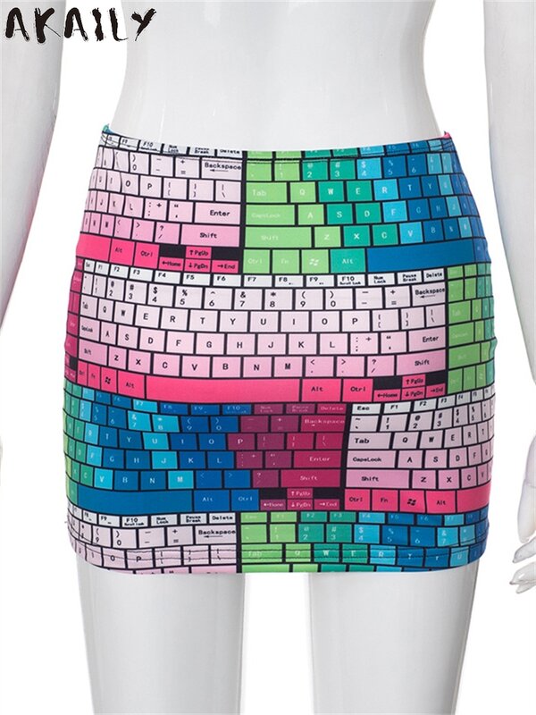 Akaily rok Mini motif grafis Keyboard Y2K, Rok klub kurus seksi melar pinggang rendah 2024 untuk wanita, rok Mini motif grafis Musim Panas Y2K