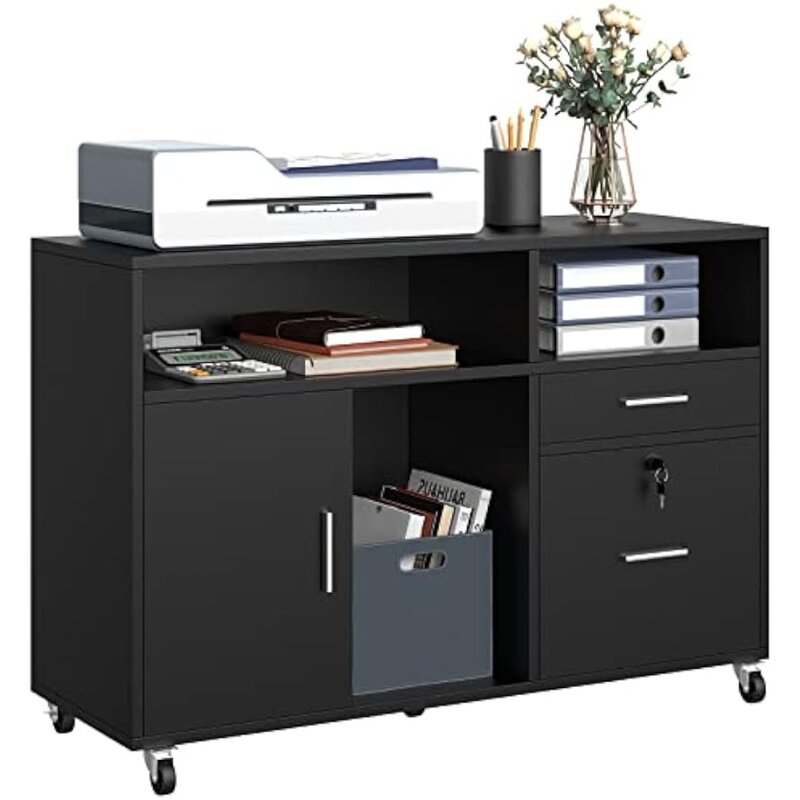 Kabinet File Lateral kayu, 2 Laci kabinet penyimpanan seluler, cocok untuk A4, rak File ukuran huruf, dudukan Printer dengan penyimpanan terbuka