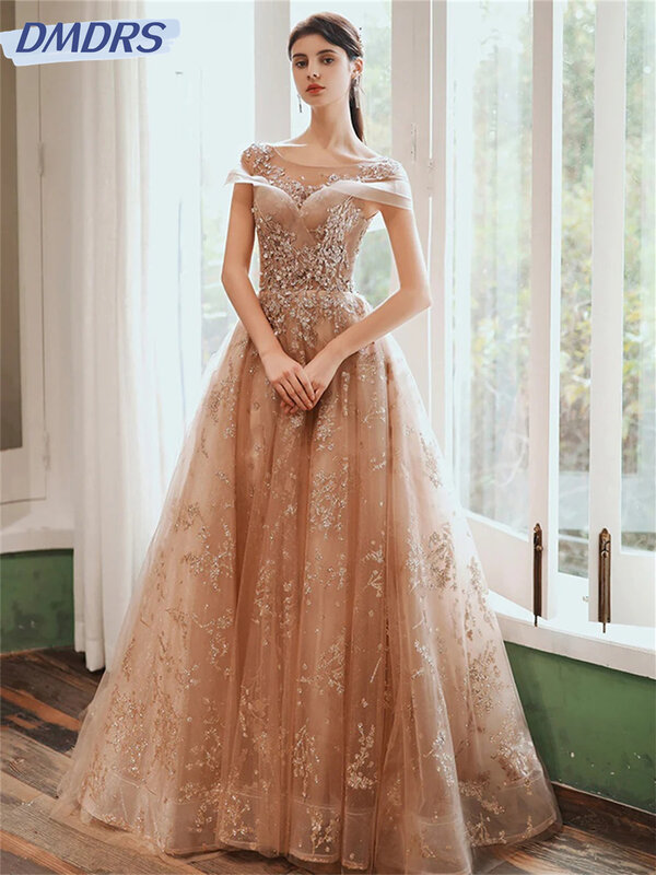 Luxuriöses Perlen kleid charmante Langarm A-Linie Abendkleider elegante Tüll boden lange Kleider vestidos de novia
