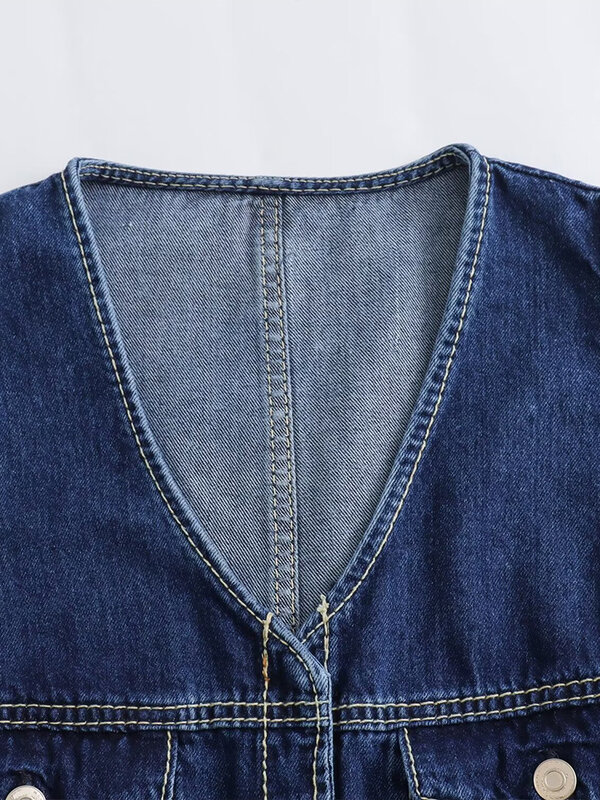 ZAZEA-بذلة جينز زرقاء نسائية ، بلا أكمام ، قصيرة ، على الطراز الأوروبي والأمريكية ، ديكور جيب ، ربيع ، جديد ، ، ، ، ، ، ، ،