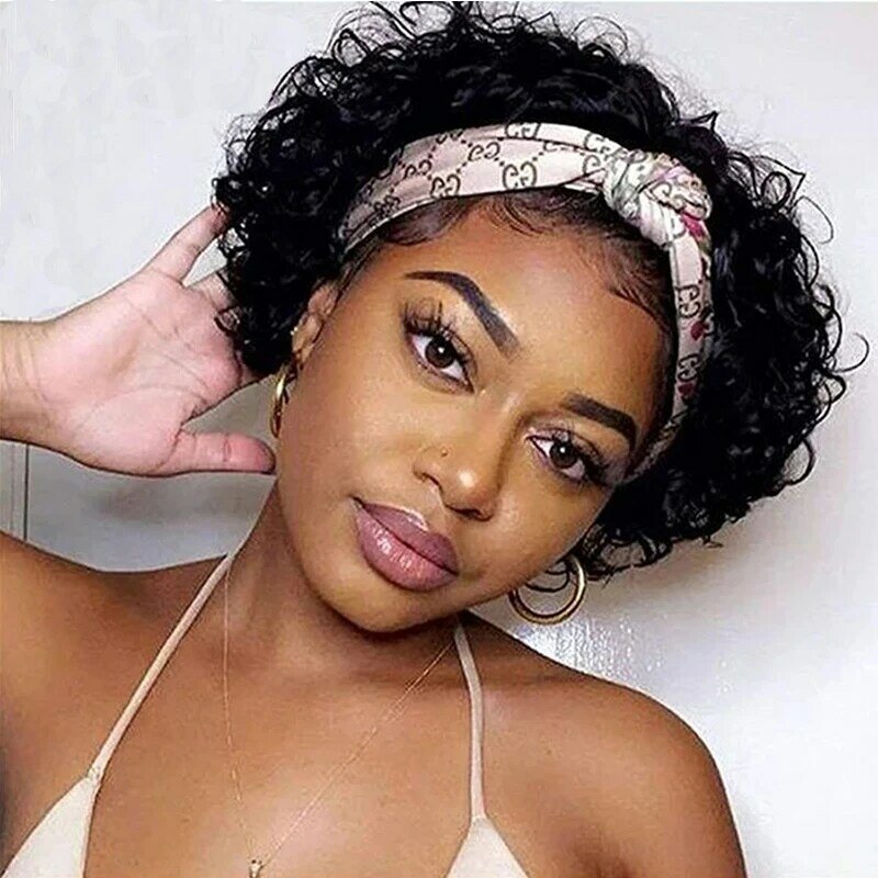Kurze Stirnband Perücken menschliche brasilia nische lockige Echthaar Perücken volle Maschine Stirnband Perücken für Frauen lockiges Haar Perücke
