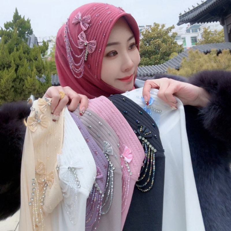 Gorros instantáneos con apliques de diamantes, Hijab musulmán multicolor para novia musulmana