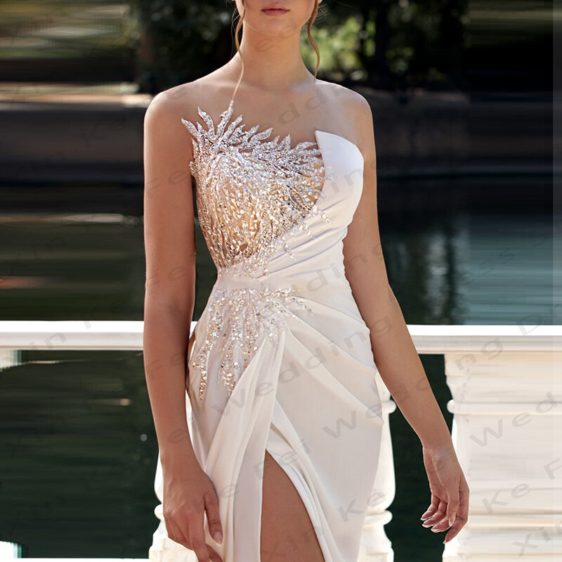 Seksowne damskie suknie ślubne syrenka boczne rozcięcie koronkowa aplikacja bez rękawów suknia ślubna księżniczki formalna impreza na plaży szata przedsionka
