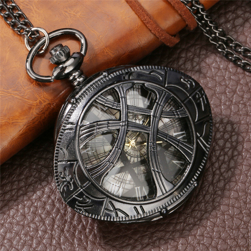 Antico nero scuro scava fuori Unisex orologio da tasca al quarzo collana catena numero romano Display orologio da collezione orologio retrò