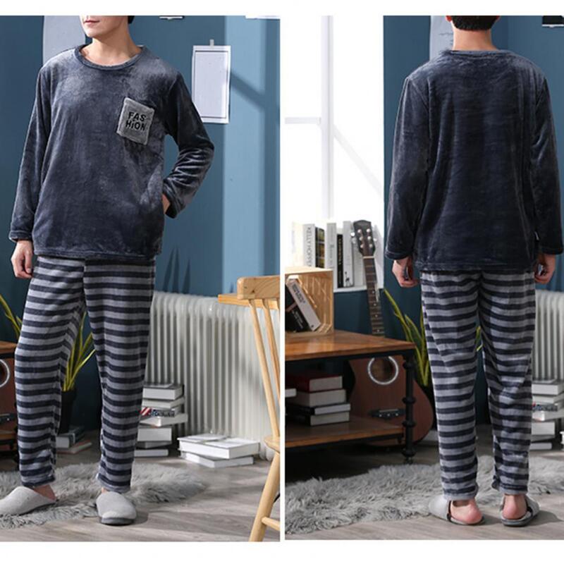 Plus Size Pajama Set Men's Winter Pajamas Set with Round Neck Long Sleeve Thick Elastic Waist Soft Pockets 2 Piece for Warmth