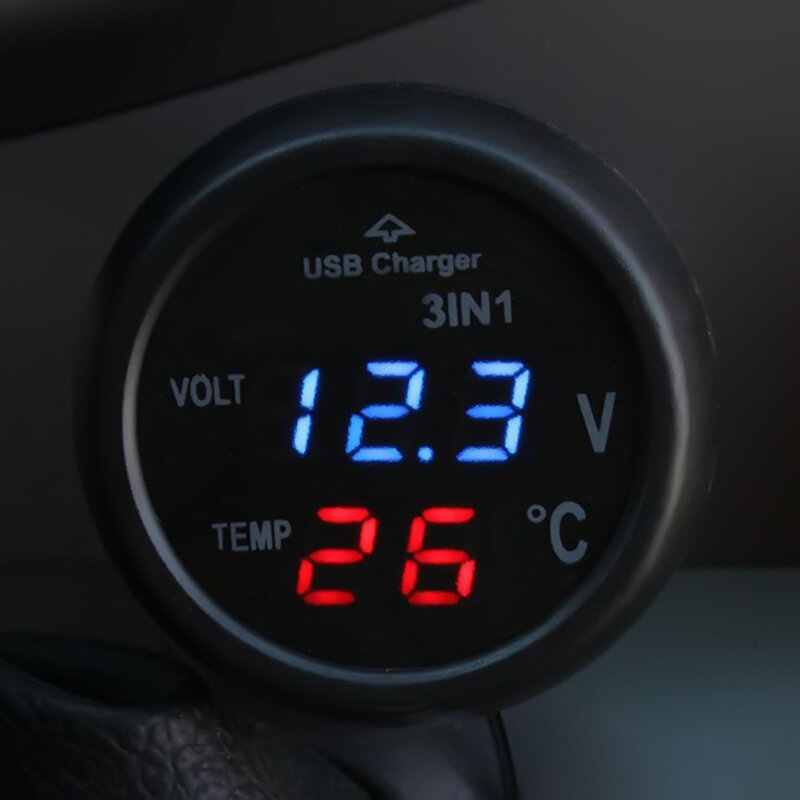 3 in 1 12/24V VOLT Meter mobil แบบดิจิทัลไฟ LED ที่จุดบุหรี่ในรถยนต์ที่จุดบุหรี่โวลต์มิเตอร์เครื่องวัดอุณหภูมิรถยนต์ที่ชาร์จ USB เครื่องตรวจจับโวลต์มิเตอร์ปัจจุบัน