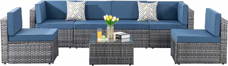 Sofá seccional para Patio al aire libre, conjunto de muebles de mimbre PE gris plateado con cojines lavables, 5/7 piezas
