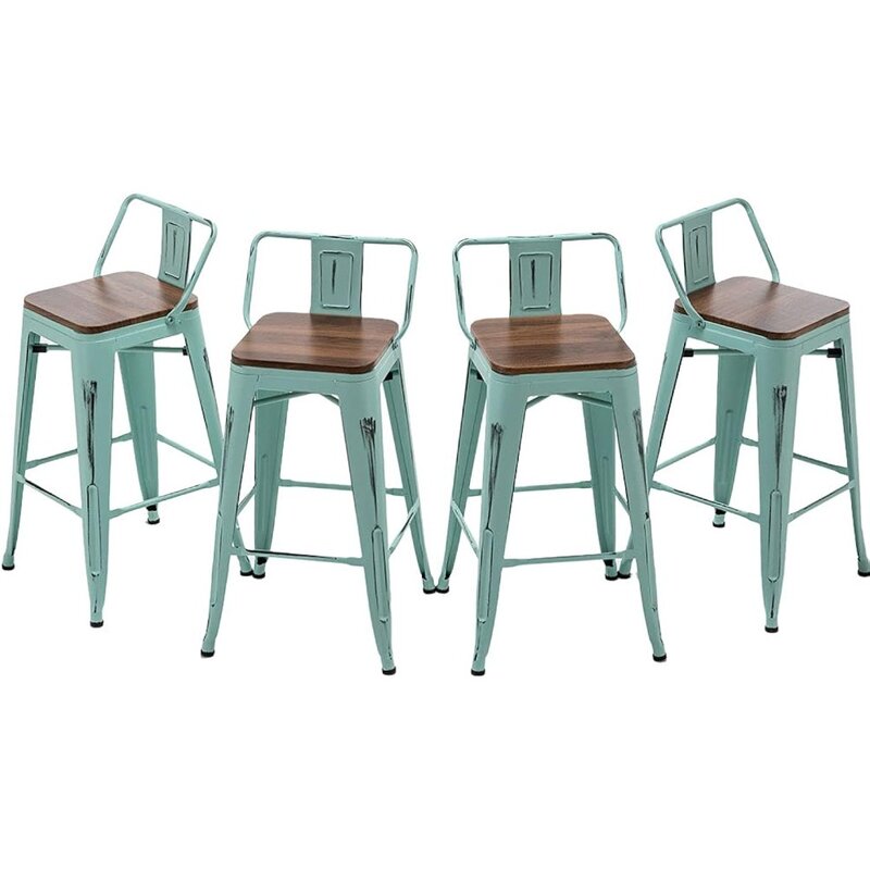 Andeworld Bar Stools Set of 4 Counter Height Stools Industrial Metal Barstools with Wooden Seats(30 Inch, Distressed Green Blue)