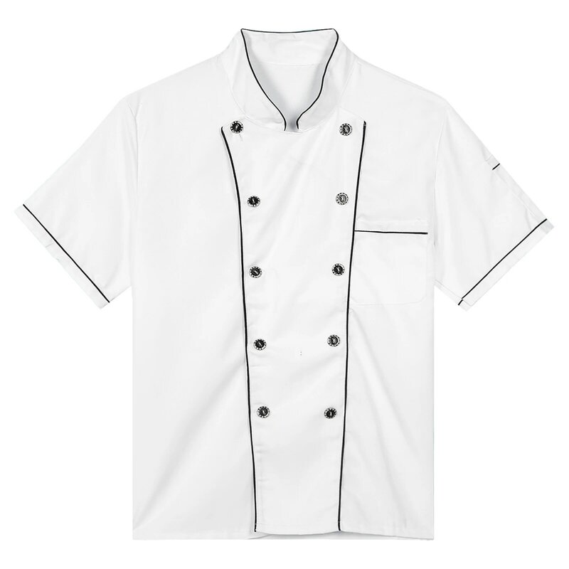 White Chef Jacket Hotel Restaurant Kitchen Bakery Stand Collar Button Down Contrast Color Trim Cook Uniform Mens Womens