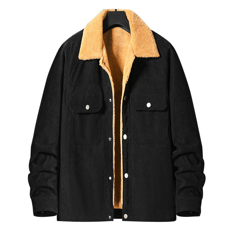 Jaket korduroi hangat baru musim dingin pria mantel kargo tebal bergaris bulu pakaian luar termal kasual pria pakaian pria