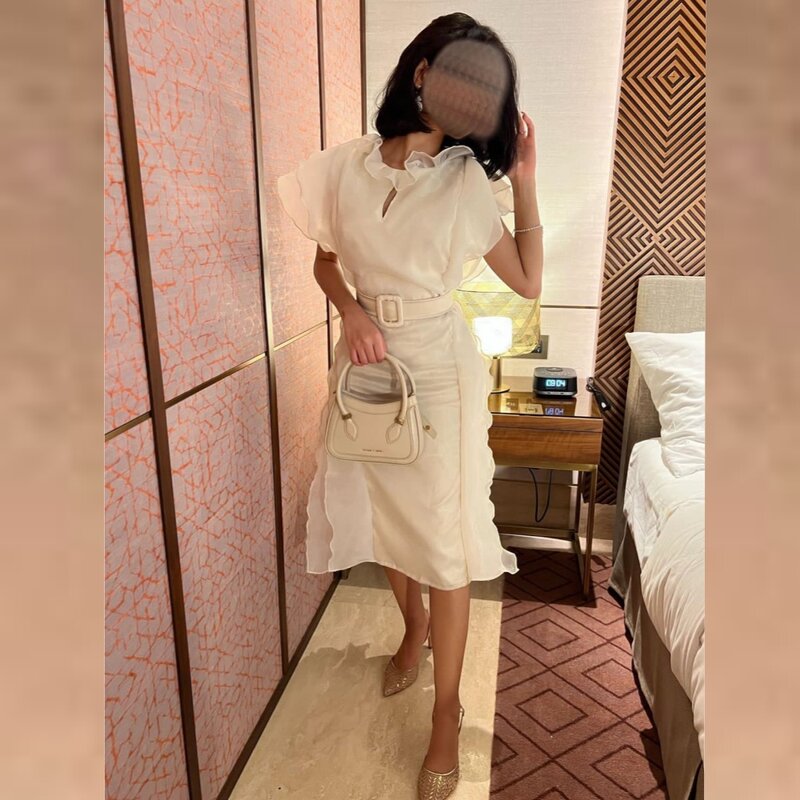 Бальное платье, вечернее шифоновое платье-трапеция с поясом, рюшами и круглым вырезом, платье средней длины на заказ для выпускного вечера, Саудовская Аравия