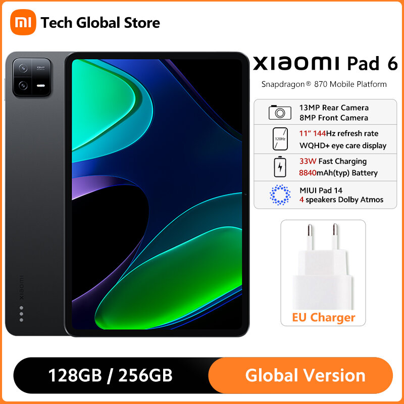 Xiaomi-Tablet Mi Pad 6 Versão Global, Processador Snapdragon 870, 11 ", 144Hz, 2.8K, Tela WQHD +, 33W, Carregamento Rápido, Bateria 8840mAh