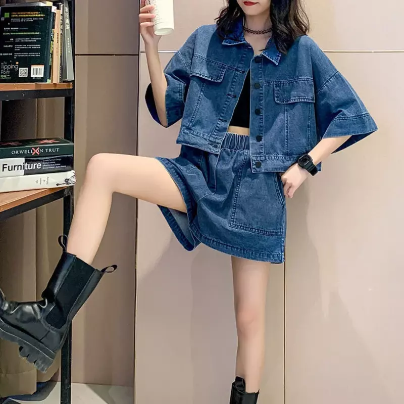 Spring Summer Short Sleeve Denim Jacket Suit Short Top and Shorts Korean Fashion Plus Size Elastic Waist Button Top Streetwear